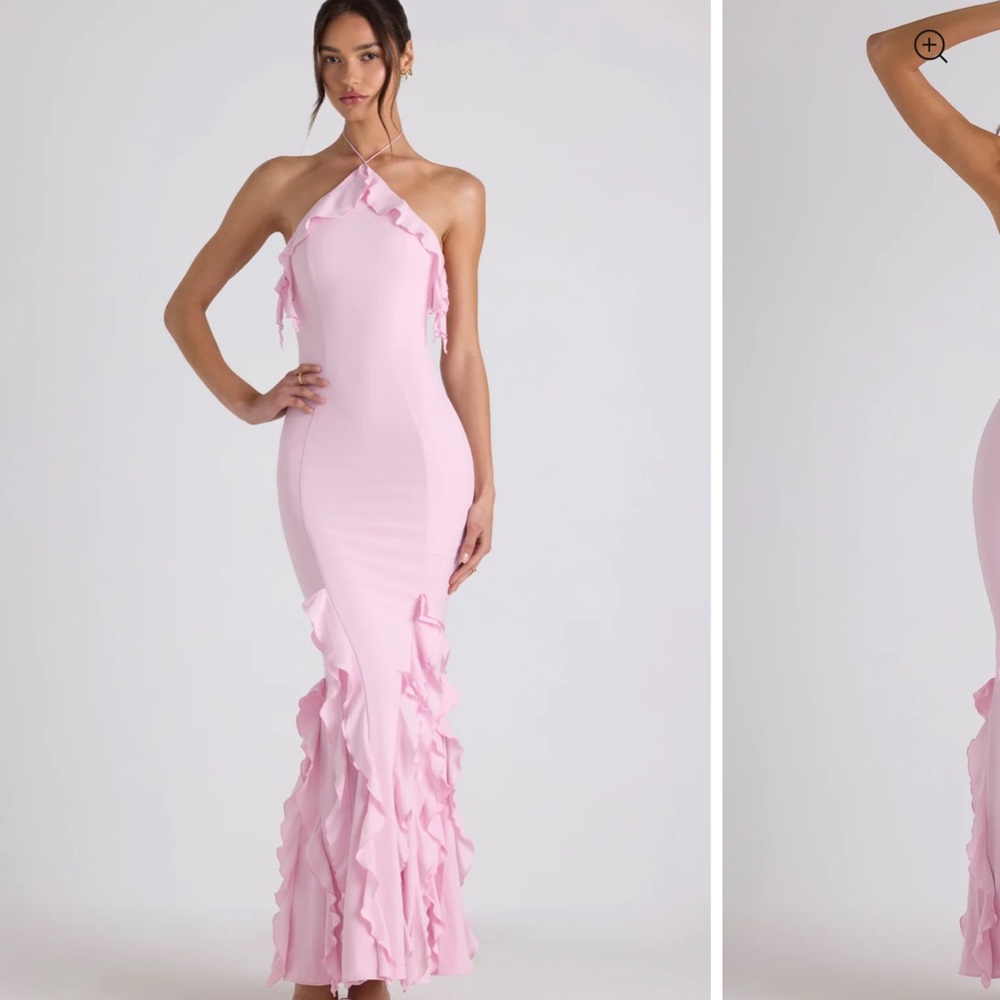 Ruffle-Trim Halterneck Gown in Soft Pink